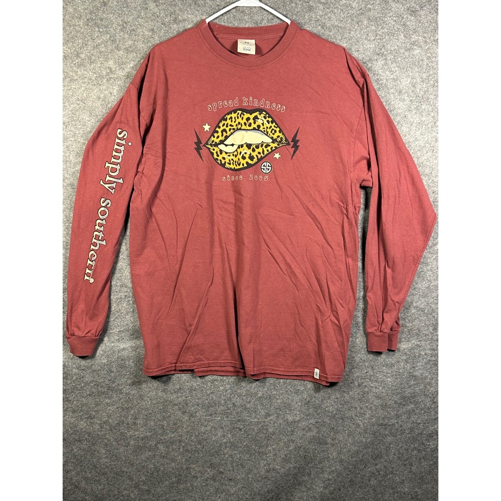 Simply Southern Spread Kindness Leopard Lips Long Sleeve Shirt Maroon Red XL